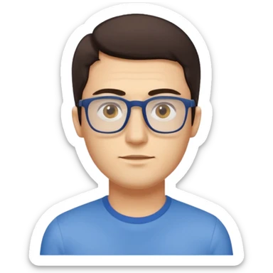 a young man around 30 years old, dark brown eyes, with dark brown hair, longer rectangular face, light yellow skin color, small eyes with rectangle shape glasses, without beard, no forehead wrinkles, wear shirt sticker