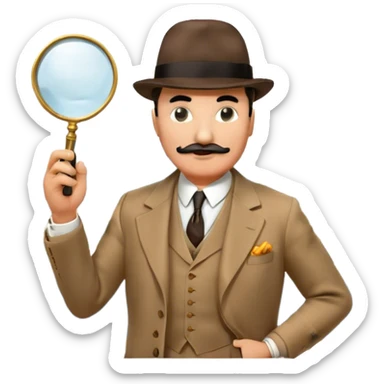 A cinematic-style frame showing Hercule Poirot in his iconic suit with a magnifying glass in a dramatic detective pose. Background should be mysterious city, a board with photos of suspects, clues like fingerprints. Transparent background. sticker