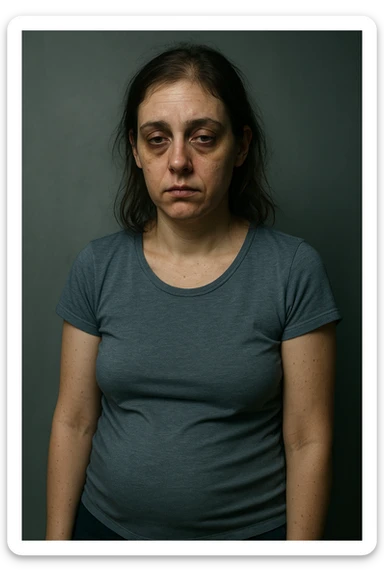 realistic portrait of a fatigued woman with PCOS, visible symptoms such as dull skin, pronounced dark circles, thin hair, abdominal bloating, tired posture, clinical style, dramatic lighting, vertical 2:3 aspect ratio, no text sticker