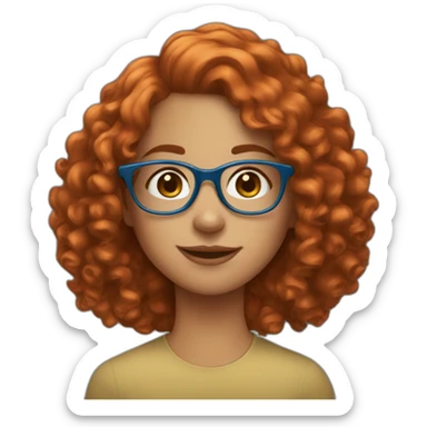 pretty girl with curly copper hair and blue glasses holding a banner sticker