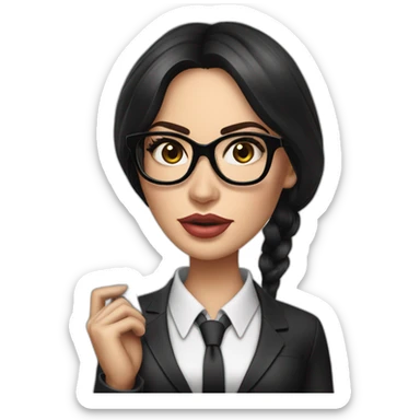 hyper realistic megan fox, wearing black suit and black glasses, holding a ruler sticker