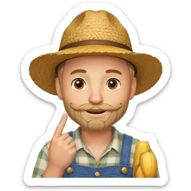 “A single emoji-style character combining 👨‍🌾😄 and 🤔: a smiling farmer man with a straw hat, friendly face, and light beard, holding one hand under his chin in a thinking gesture. His index finger rests under his face, eyes looking slightly upward as if thinking.  sticker
