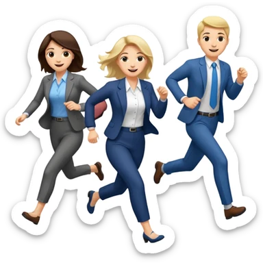 a female co-worker running and other co-workers chasing her sticker