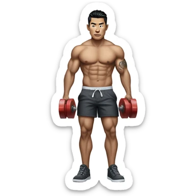 bad boy asian. tattoos. muscles. holding weights. realistic, full body with legs. making the 'rizz' face  sticker