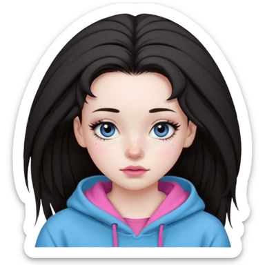 Create a teenage girl with straight brunette hair pulled into a messy bun, pale skin, light freckles, and blue-grey eyes. She will have pink lips and long black eyelashes. She will be wearing a big black hoodie. sticker
