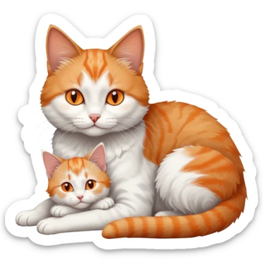 full body of a grey and white cat cuddling a very small + skinny ginger and white kitten with deep orange eyes and triangular shaped face lying down sticker