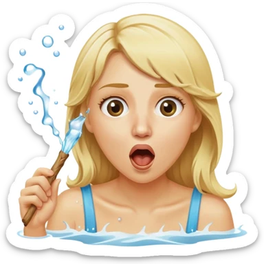 blond woman eating a stick the same color as her skin, water stream squirting directly from the stick into her open mouth, surprised expression sticker