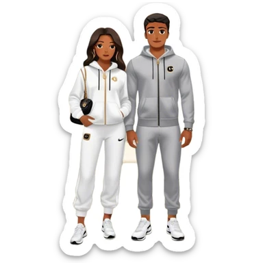 Realistic Man living his dream standing in the master bedroom of a mansion. He’s boo’d up with a pretty Brownskin big booty woman wearing a Chanel outfit and Bvlgari watch with her holding a Chanel bag. The man has on a Nike Tech Fleece sweatsuit. The man isn’t holding a bag sticker