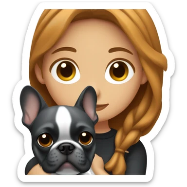 caramel hair woman with dark eyes hugging dark gray french bulldog sticker