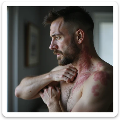 realistic man with rash on neck and arm, looking at affected areas with concern, soft lighting, home or clinical background, medical realism, dermatology focus, 4K sticker