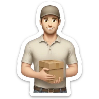 Pale skinned fit Man with dark brown hair in a beige cap, gray jeans, brown polo and white T-shirt keeping a pasted with tape white box into his hands sticker