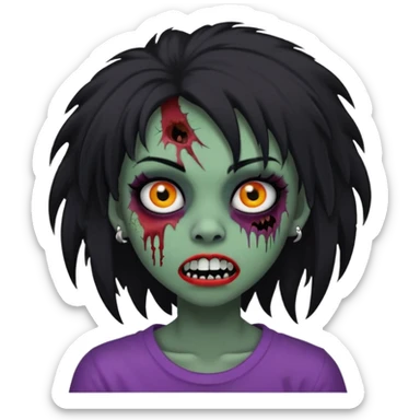 girl, zombie, black coily hair, medium long, emo, shaggy, dark, spooky, piercing on eyebrow, colourful teeth, creepy blank expression sticker
