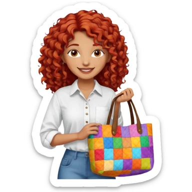 a pretty tan indian bratz girl with curly red hair, wearing an oversized patchwork white shirt, carrying a tote bag sticker