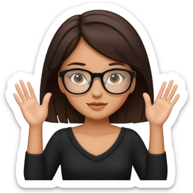 a cute brunette girl in a black dress wearing glasses  with two hands  sticker