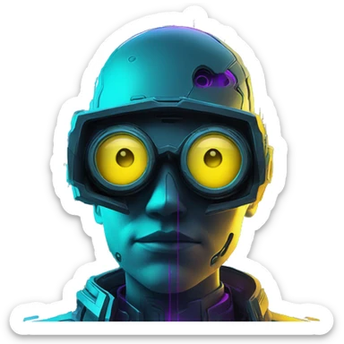 Secret human yellow emoji face agent with  cyberpunk elements with a spyglass scanning looking reviewing multicolor lines of code, cyan and purple colors, only upper body portrait sticker