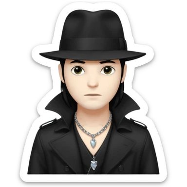 Male Goth with Fedora
 Sleek long hair, white skin, black trench coat, silver necklace visible under coat sticker