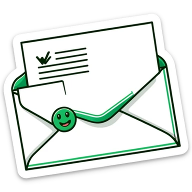 Minimalist Maya-inspired emoji showing happy face receiving a letter, white and deep green only, flat design, clean lines sticker