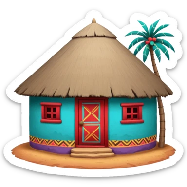 African mud hut tribal house, round adobe clay hut, thatched roof, bright colorful paint, walls in turquoise, red, yellow, purple, tribal patterns, cute mobile game icon, 3D cartoon, soft shadows, clean background, no text, no watermark sticker