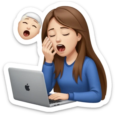 brown hair woman with long straighrt hair holding laptop and yawning from tiredness. looking tired sticker