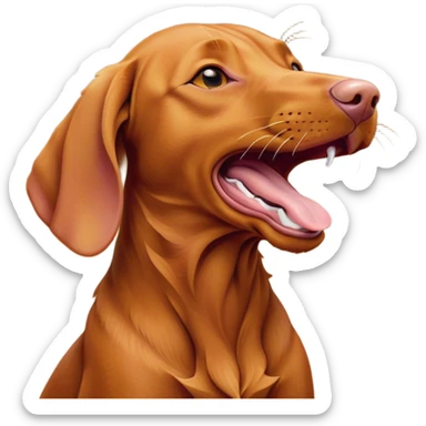 Cinematic Cute Yawning Vizsla Portrait Emoji, Head tilted slightly with a dramatic, wide-open yawn, showcasing a smooth rust and gold Fur with a subtle shimmer, floppy ears slightly drooping, round amber eyes barely open in drowsy contentment, Simplified yet irresistibly adorable features, highly detailed, glowing with a soft, cozy glow, high shine, relaxed yet expressive, stylized with a touch of whimsy, bright and endearing, soft glowing outline, capturing the essence of a sleepy yet affectionate companion, so drowsy it feels like it could stretch out of the screen and curl up for a nap! sticker