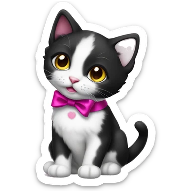 Full body Tuxedo kitten with a magenta ribbon Hazel eyes sticker