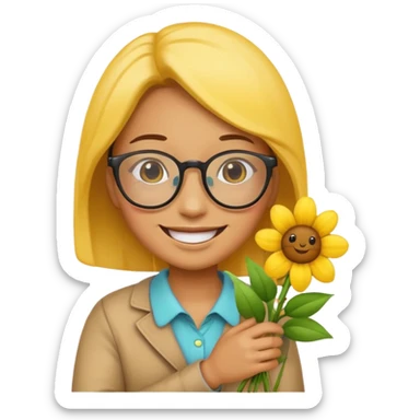 Create a yellow emoji holding flowers and wearing glasses with a joy expression sticker
