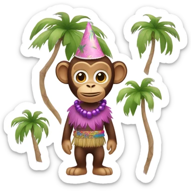 A monkey with a pink party hat and a purple BINKI top and a grass skirt sticker