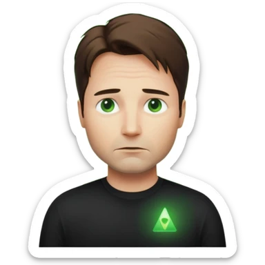 Mulder from the x-files looking very very worried (not trusting anyone today) while wearing a dark t-shirt with no markings. A green beam of light from a UFO illuminates him sticker