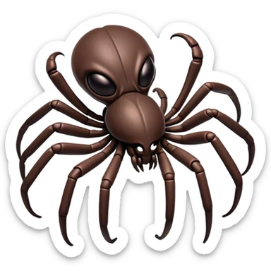 Clash of Clans aesthetic: Cinematic fierce arachnid Alien Emoji, rendered in a 3D vector-style similar to standard emojis with minimal shading and bold, simplified shapes. A compact, isometric, otherworldly creature with insectoid, organic details and subtle, eerie tentacles, softly glowing with a sinister alien charm. Simplified yet unmistakably iconic, highly detailed and consistent, glowing with a soft, spectral radiance and high shine. Stylized with a touch of bio-engineered mischief and a soft glowing outline, capturing the essence of a fearsome extraterrestrial menace with a playful twist! sticker