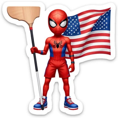 Spider-Man with an American flag holding a hockey stick in basketball sticker