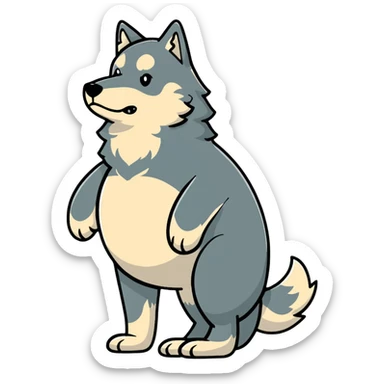 Gray wolf with an oversized pregnant belly, standing profile view, fluffy fur sticker