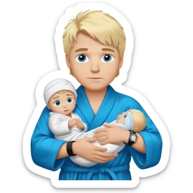 A white man with blue eyes, medium-length blond hair, a blue Cartier watch on his wrist, and a black and white bathrobe. His hair is messy, and he has a baby face. sticker