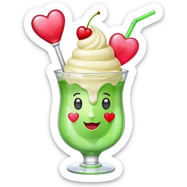 Create an emoji with a clear rounded glass, bright transparent green soda, vanilla ice cream scoop, two red cherries, pink heart-shaped straw, simple shapes, bright colors, glossy, kawaii style, centered, transparent background
 sticker