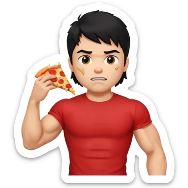 generate a pretty fair bratz boy with a messy mullet (black hair), wearing a red tshirt. eating pizza. He has big biceps and ripped sticker