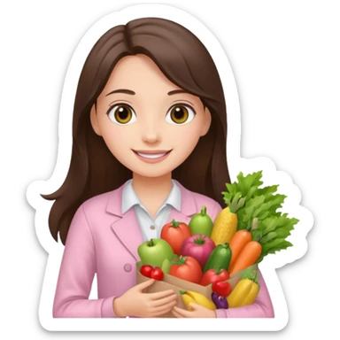 pretty smiling long brunette hair girl hazel eyes wearing light pink clothes holding groceries sticker