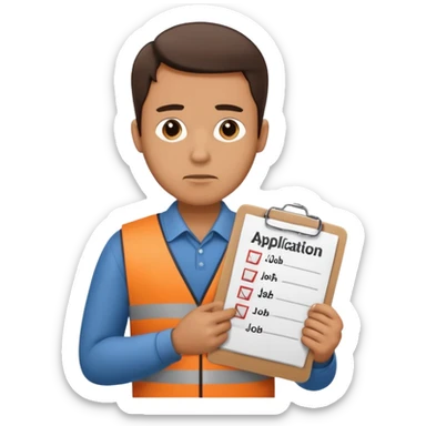 Man looking sad while holding a clipboard with a checklist that has a heading that says job application  sticker