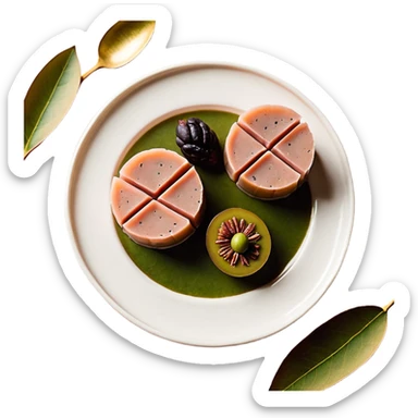 Una composición de arte en miniatura, estilo flat lay: un trozo de manteca de Karité o cacao cruda con una pequeña ramita de oliva y pétalos de rosa seca alrededor. Colores: tonos tierra, verde oliva y crema. Estilo: orgánico y de estudio fotográfico. Fondo suave. sticker