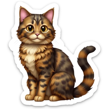 cinematic-[tortoiseshell tabby cat]-realistic-full-body-sitting-emoji,-tail-curled-playfully-around-its-paws,-head-tilted-dramatically,-scruffy-[dark tortoiseshell coloured]-fur,-simplified-yet-realistic-focused-features,-highly-detailed,-glowing-with-an-almost-sarcastic-glow sticker
