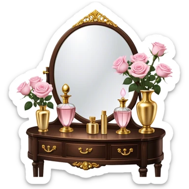 A romantic scene of a vintage vanity with a glass vase of light pink roses and golden perfume bottles sticker