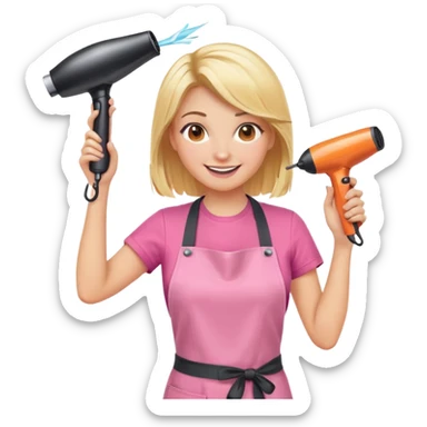 blonde female hairstylist smiling, pink t-shirt, orange apron, hands up, holding scissors and hairdryer sticker