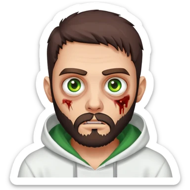 zombie making peace sign, undercut hairstyle with dark brown hair, short full beard, heterochromia with one green eye and one brown eye, wearing plain white hoodie sticker