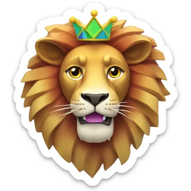 Create an emoji of a multicolored geometric lion with a golden crown, looking astonished with wide eyes and an open mouth. Use bright colors like green, yellow, blue, red, and purple, with a colorful circular background. sticker