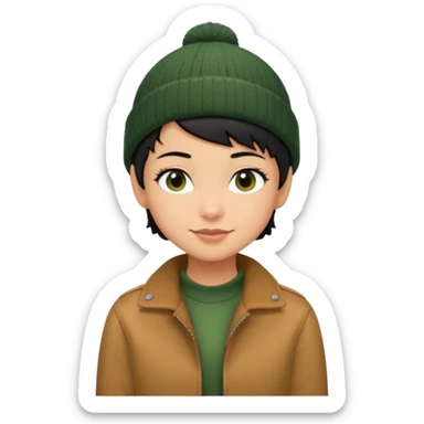 tan skin, non binary person with pixie cut black hair, wearing brown jacket and dark green beanie, shy smile  sticker