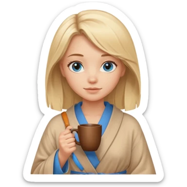 cozy blonde girl with middle length hair and blue eyes holds a brown cup in beige  robe sticker
