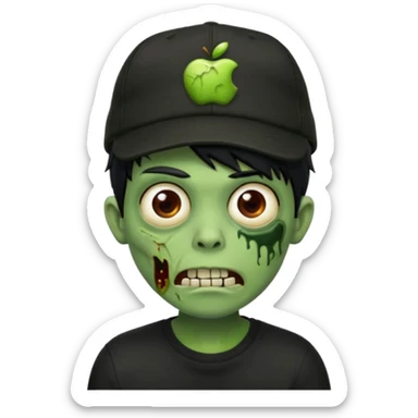 Green zombie, black hair, designer cap turned to the left, black shirt. Apple iOS style. sticker
