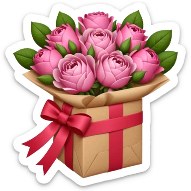 Bouquet of pink flower like rose and peony wrapped in kraft paper with red bow sticker
