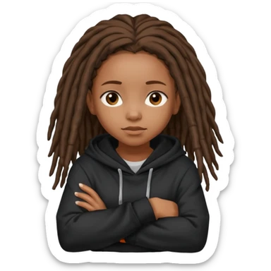 African American girl with shoulder length dreadlocks wearing a plain black hoodie with her arms folded across her chest sticker