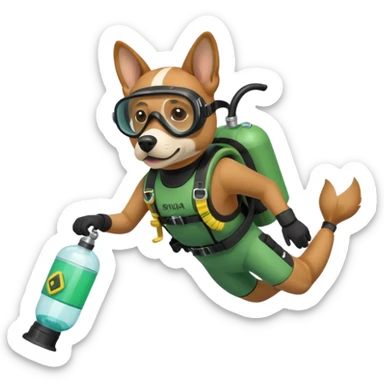 dog wearing scuba green gear dive into the sea with diver mask and oxygen tank sticker