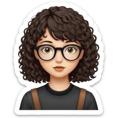 A girl with fair skin, brown eyes with black square glasses, eyeliner, shoulder length curly hair with bangs, with a grunge outfit  sticker