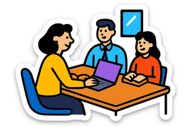 Add a laptop to the meeting office worker, keep the original style and transparent background. sticker